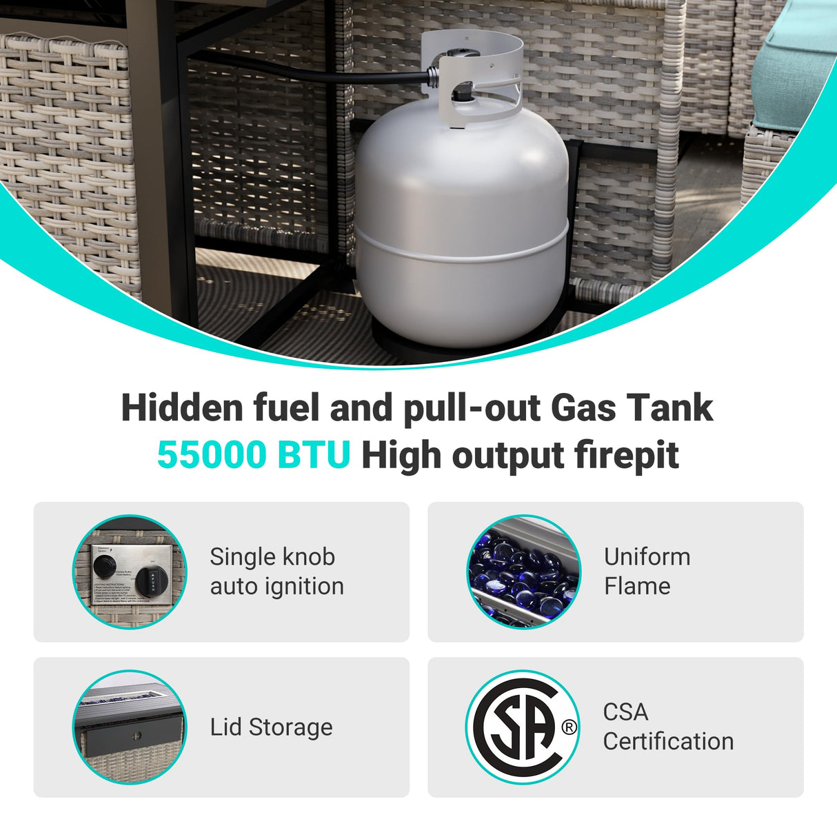 Muphyers 10-Piece Outdoor Patio Furniture Set with Rocking Swivel Chair, PE Wicker Rattan Sectional Sofa Patio Conversation Set with 55,000 BTU Fire Pit Table & Coffee Table, Light Blue Muphyers