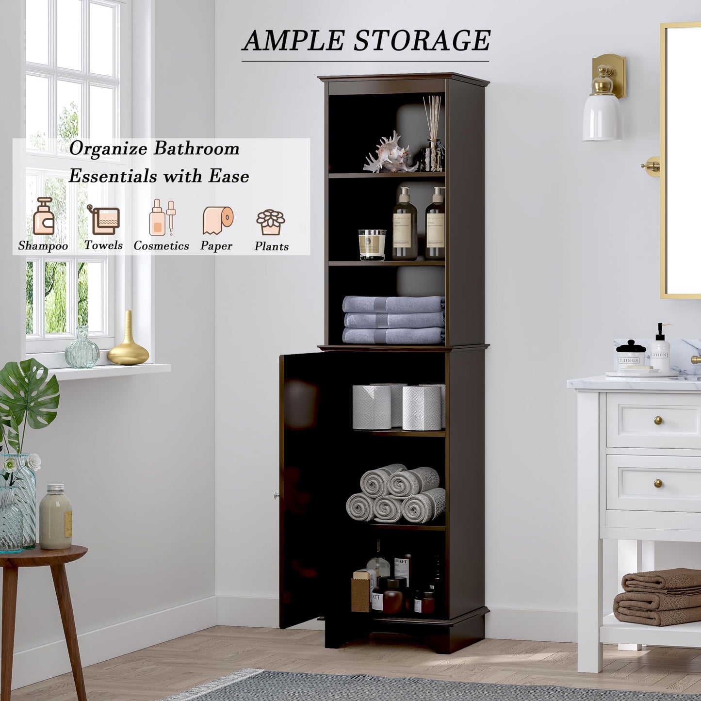 Spirich Home Freestanding Storage Cabinet with Three Tier Shelves, Tall Slim Cabinet, Free Standing Linen Tower, Espresso