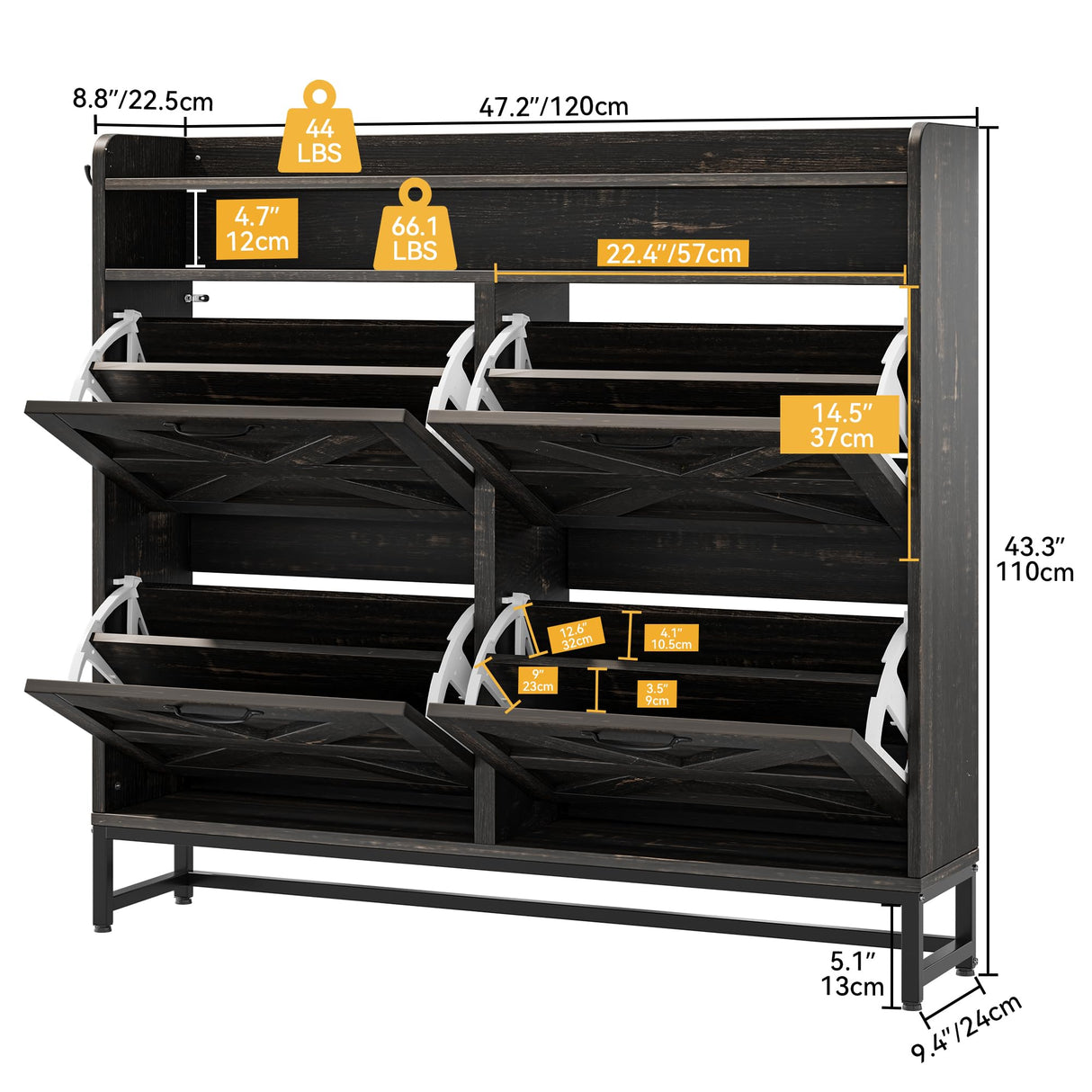 DWVO Farmhouse Shoe Cabinet for Entryway, 4 Flip Drawers for 24 Pairs, Narrow Slim Shoe Organizer with Metal Legs for Hallyway, Living Room (Dark Rustic Oak) DWVO