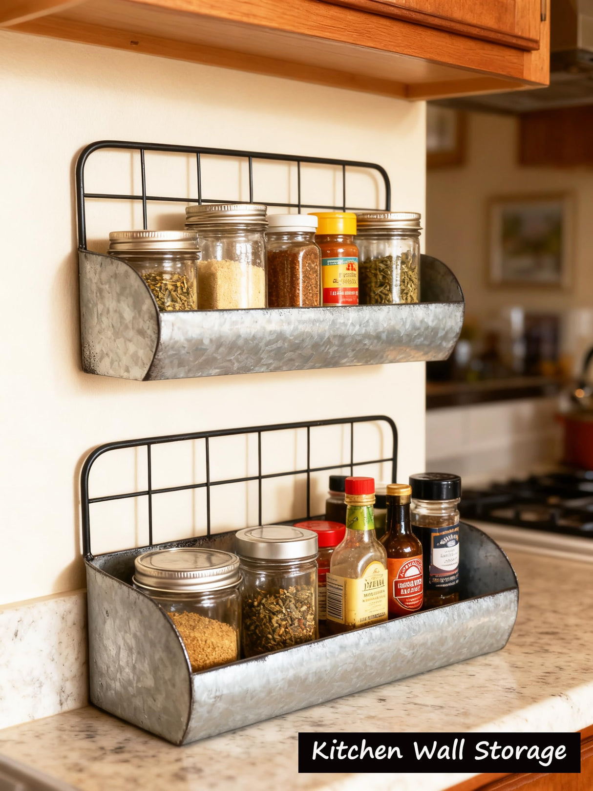 ShabbyDecor Galvanized Metal Farmhouse Wall Storage Holder Rustic Tin Shelves for Kitchen Laundry Room Bathroom Metal Hanging Wire Basket Set of 2 ShabbyDecor