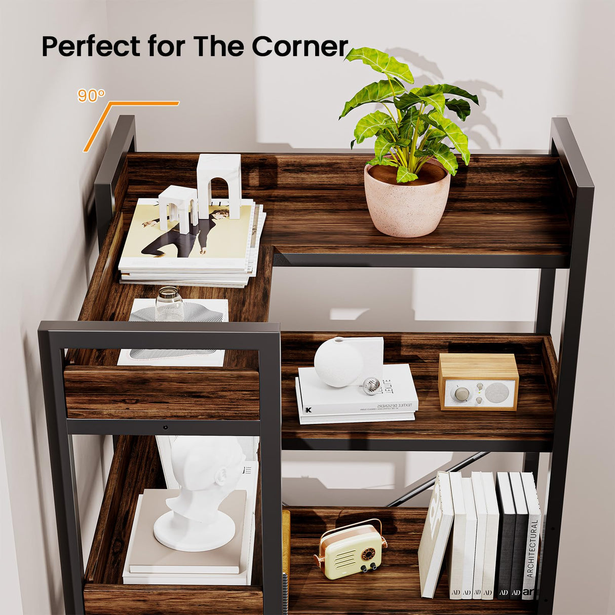 GRUSIGN 5-Tier Corner Bookshelf - Modern Tall Corner Bookcase with Sturdy Metal Frame, Large Storage L Shaped Bookshelf for Living Room/Home Office/Bedroom, Space-Saving Design, Rustic Brown GRUSIGN