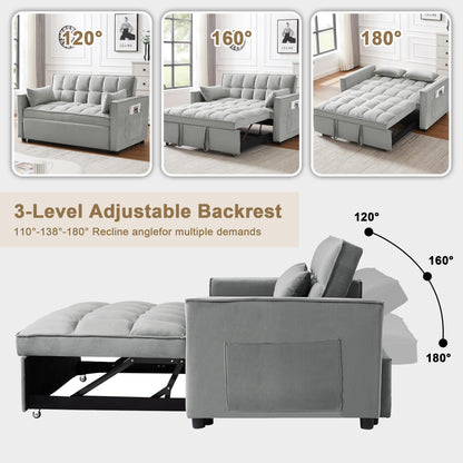 SumKea Convertible Sofa Couch 3-in-1 Multi-Functional Velvet Pull-Out Bed, 55'' Loveseat Chaise Lounge with Adjustable Backrest and Pillows, Grey