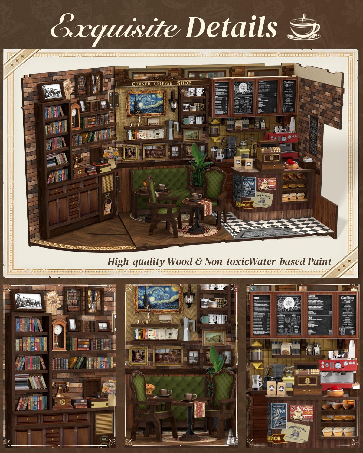 Cutefun Book Nook Kit - DIY Miniature Doll House Kit, Book Nook Kits for Adults, 3D Wooden Puzzle Bookend Bookshelf with LED Light for Cafe Crafts Lovers (Corner Coffee Shop) Cutefun