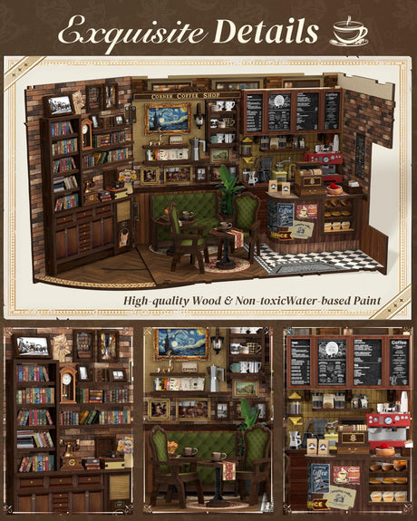 Cutefun Book Nook Kit - DIY Miniature Doll House Kit, Book Nook Kits for Adults, 3D Wooden Puzzle Bookend Bookshelf with LED Light for Cafe Crafts Lovers (Corner Coffee Shop) Cutefun
