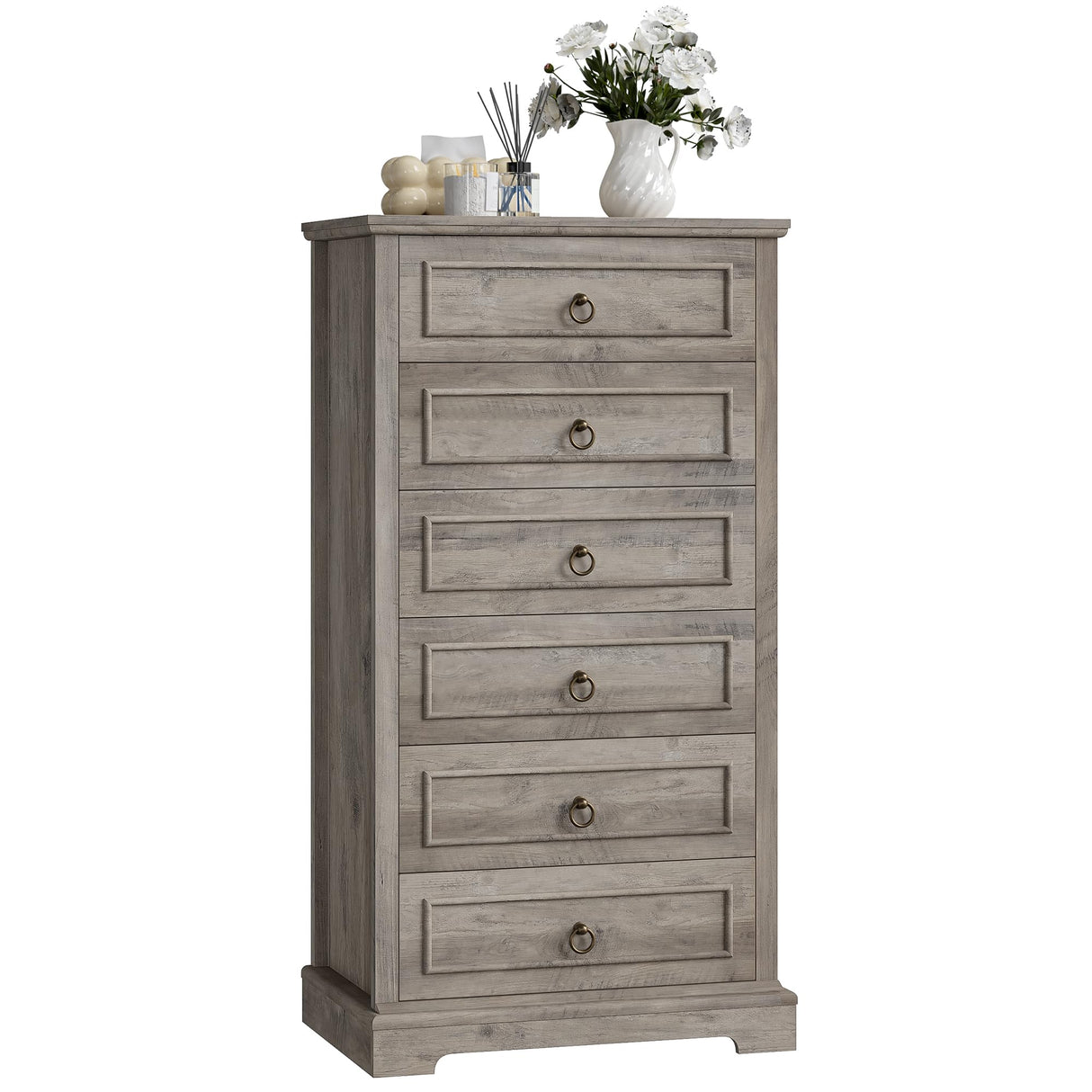 HOSTACK 6 Drawers Dresser, 52" Tall Dresser, Vertical 6 Drawer Dresser, Modern Farmhouse Chest of Drawers, Wood Closet Dresser Storage Dresser Chest for Living Room, Hallway, Entryway, Ash Grey HOSTACK