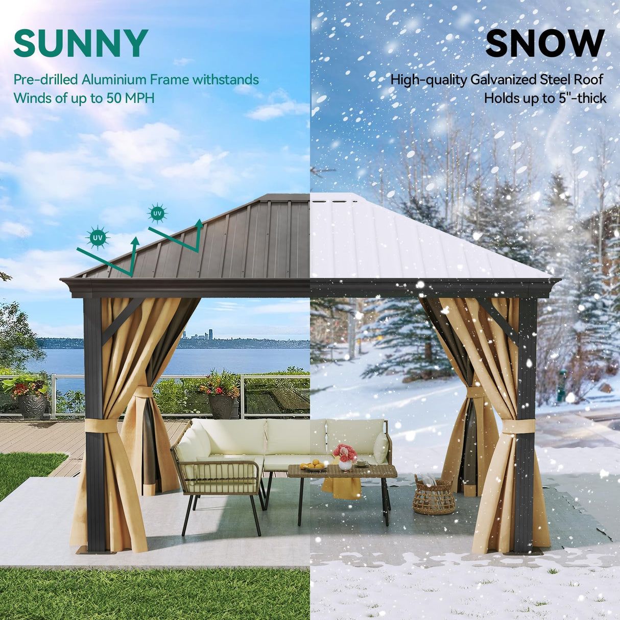 DWVO 10x12ft Hardtop Gazebo with Nettings and Curtains, Heavy Duty Galvanized Steel Outdoor Vertical Stripes Roof for Patio, Backyard, Deck, Lawns, Brown DWVO