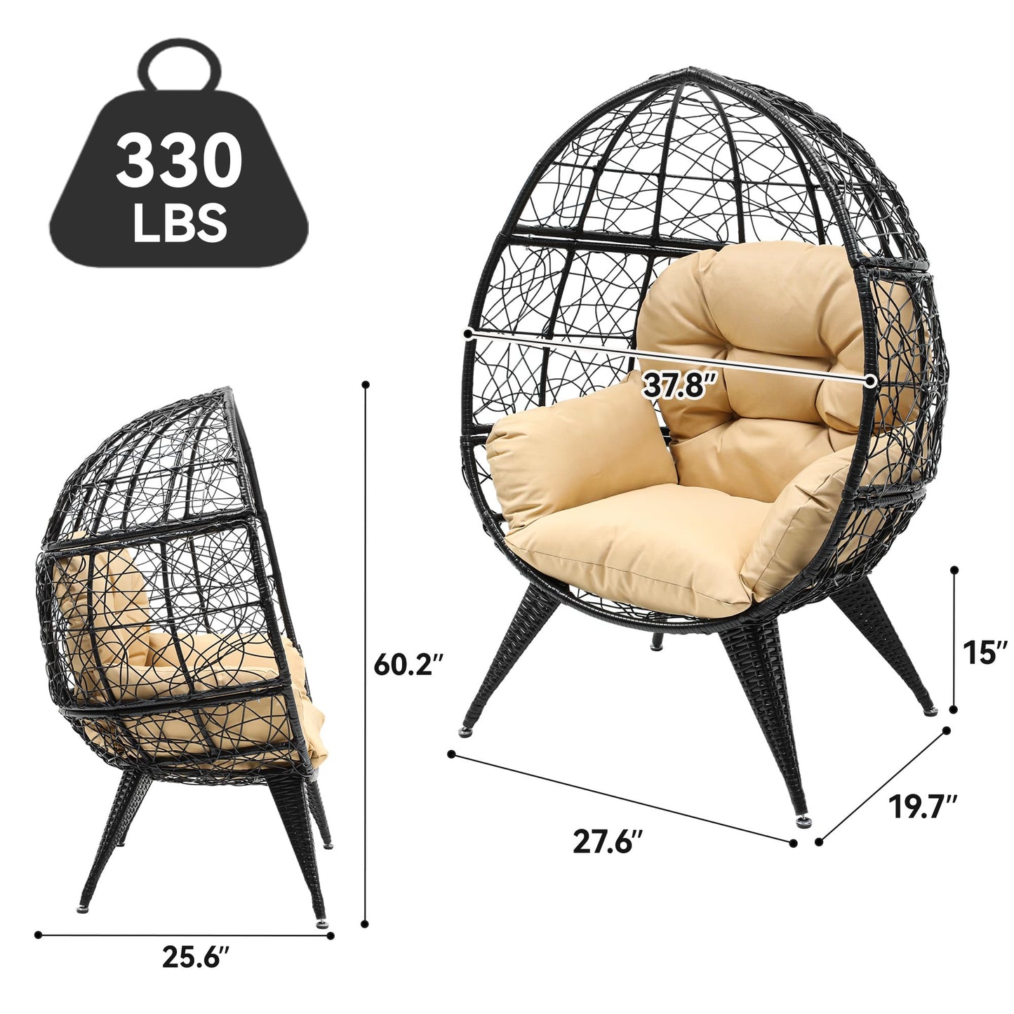 YITAHOME Oversized Wicker Egg Chair for Indoor and Outdoor Use with Stand, Cushion, and Leveling Feet, Large Lounger for Patio, Garden, Backyard, Balcony, Supports up to 330lbs, Beige