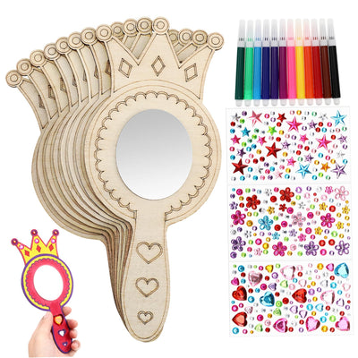 NUOBESTY 1Set Princess Mirror Craft Kit DIY Handheld Mirror with Markers Rhinestone Stickers for Birthday Party Decorations Creative Play and Learning