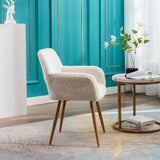 KCC Furry Desk Chair, Mid-Century Modern Accent Comfy Armchair with Faux Fur for Teen Girls, Wood Look Metal Legs Living Dining Room, Home Vanity Makeup Office No Wheel, White. KCC