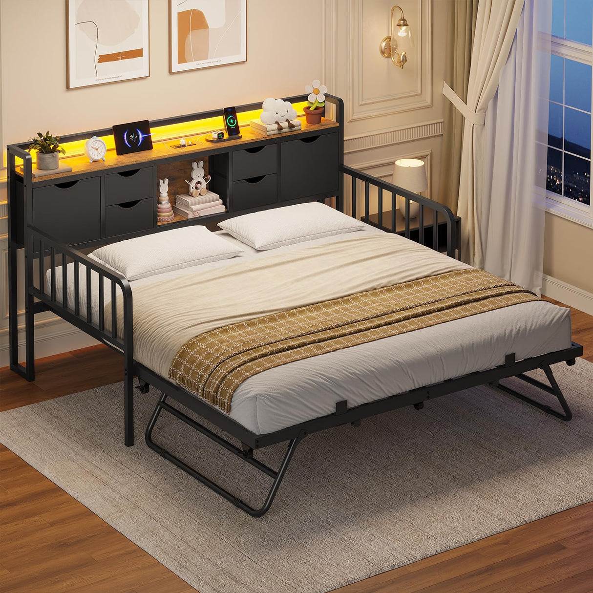 ADORNEVE Daybed with Trundle, Twin Day Bed with Storage Headboard & Charging Station, Height Adjustable Metal Trundle Bed Twin, Sofa Bed Frame for Living Room, Bedroom and Guest Room, Black ADORNEVE