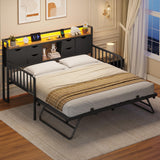 ADORNEVE Daybed with Trundle, Twin Day Bed with Storage Headboard & Charging Station, Height Adjustable Metal Trundle Bed Twin, Sofa Bed Frame for Living Room, Bedroom and Guest Room, Black ADORNEVE