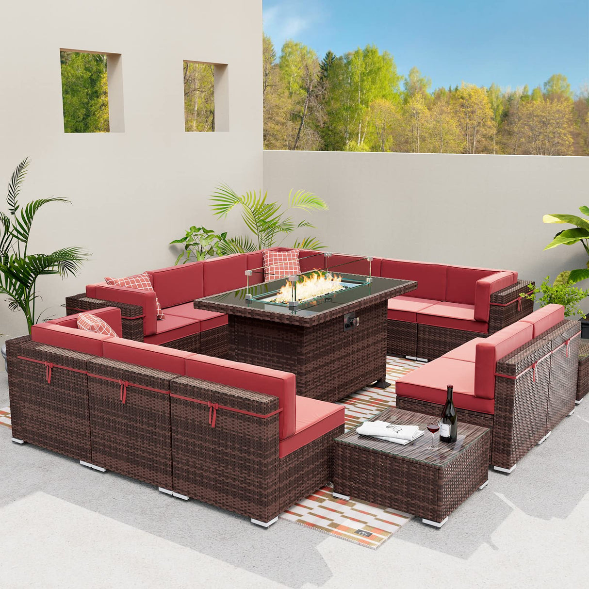 Amopatio Outdoor Patio Furniture Set with Gas Fire Pit Table, 15 Pieces Patio PE Wicker Pit Sectional Sofa, 44" Glass Gas Fire Patio Sectional Furniture with Burgundy Cushions, Coffee Tables, Covers Amopatio