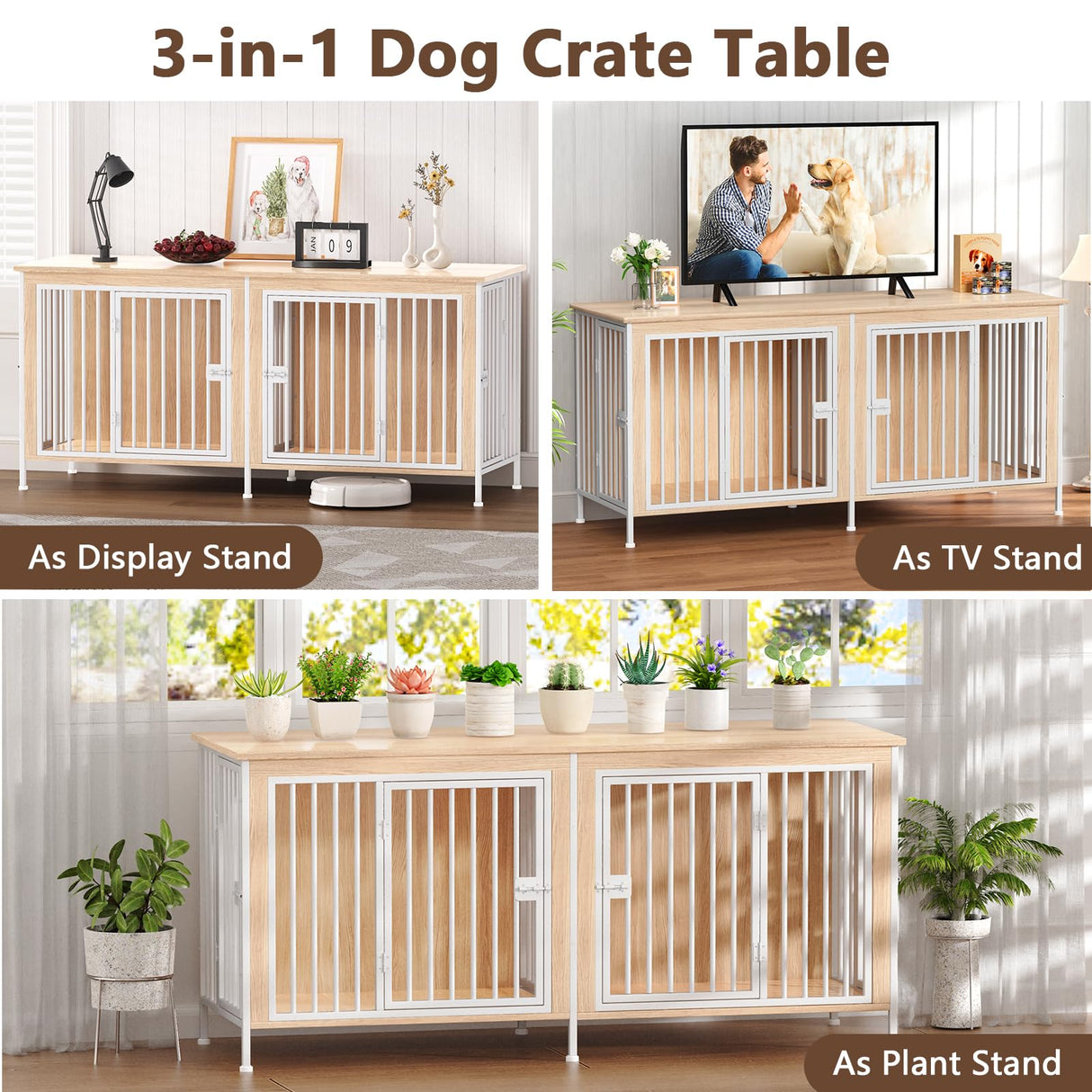 EasyCom 78" Dog Cage Furniture for 2 Dogs, Extra Large Double Dog Crate Furniture Large Breed, XXL Thick Wooden Dog Crate Furniture TV Stand, Sturdy Dog Kennel Furniture Dog Crate with Divider Beige EasyCom