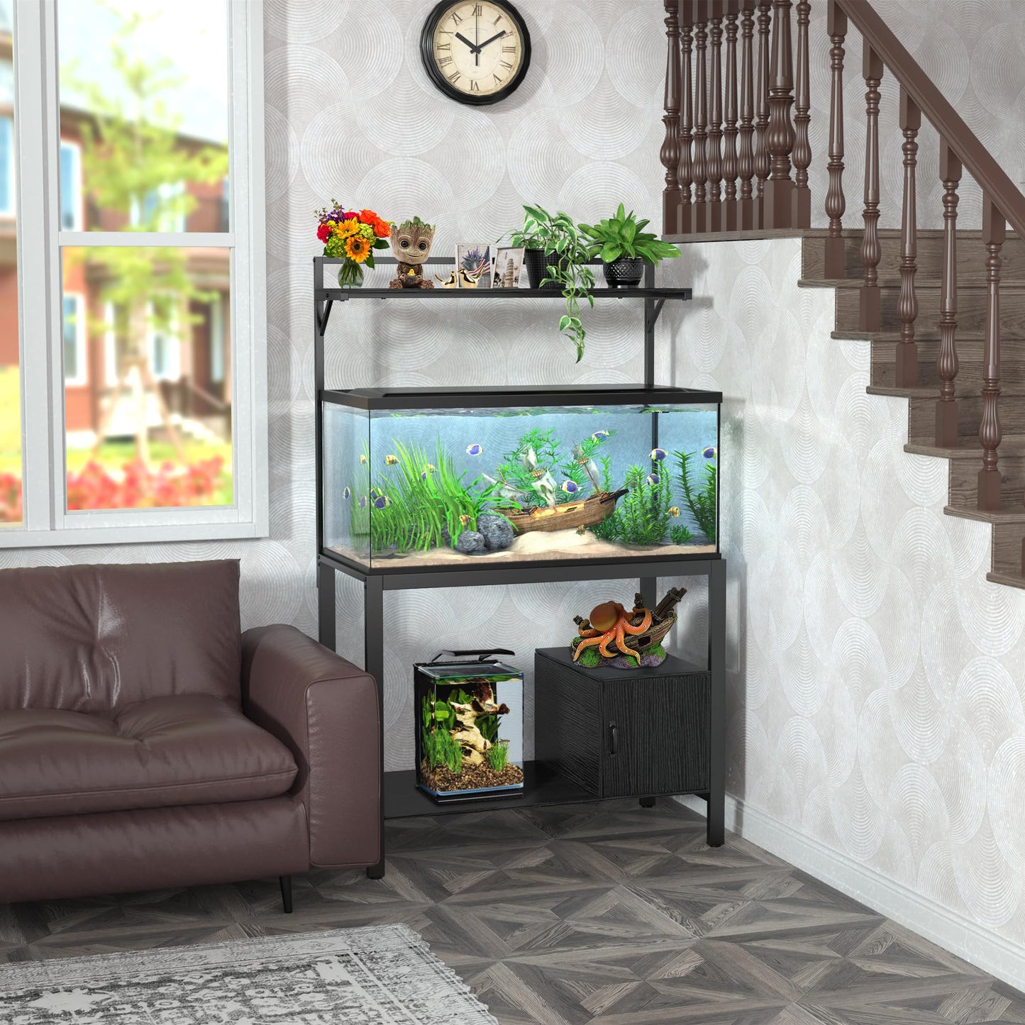 GDLF 40-50 Gallon Fish Tank Stand with Plant Shelf Metal Aquarium Stand with Cubby Storage 36.6" x 18.5" Tabletop fits Aquarium,Turtle Tank,or Reptile Terrariums - WoodArtSupply