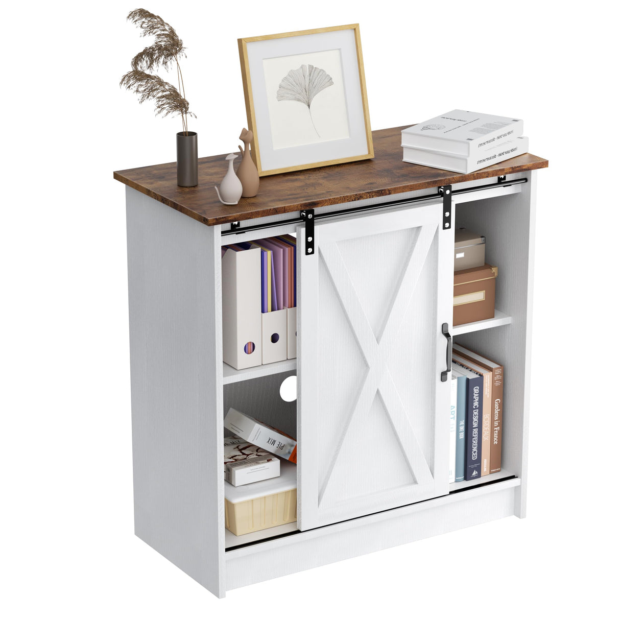 SOFTLYNICE White Coffee Bar Cabinet with Storage, Farmhouse Coffee Bar Cabinet, Coffee Bar Table with Sliding Barn Door, Suitable for Kitchen, Dining Room and Living Room SOFTLYNICE