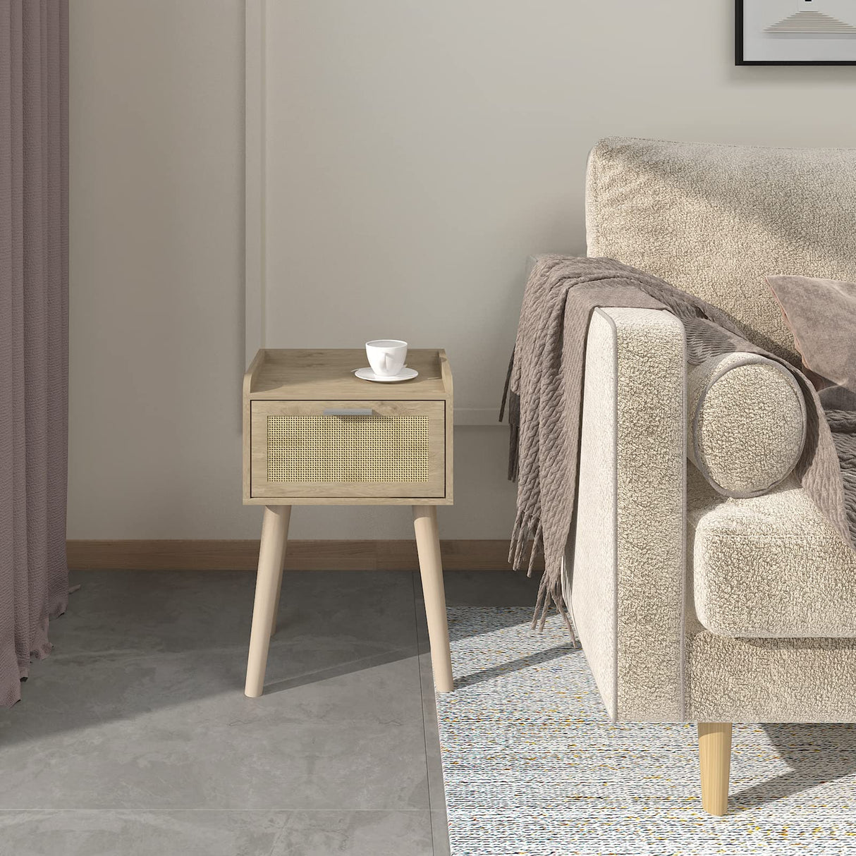 LAATOOREE Nightstand Set of 2, Small Bedside Table, End Table with Rattan Door, Boho Side Table with Solid Wood Legs for Bedroom Living Room Small Space LAATOOREE