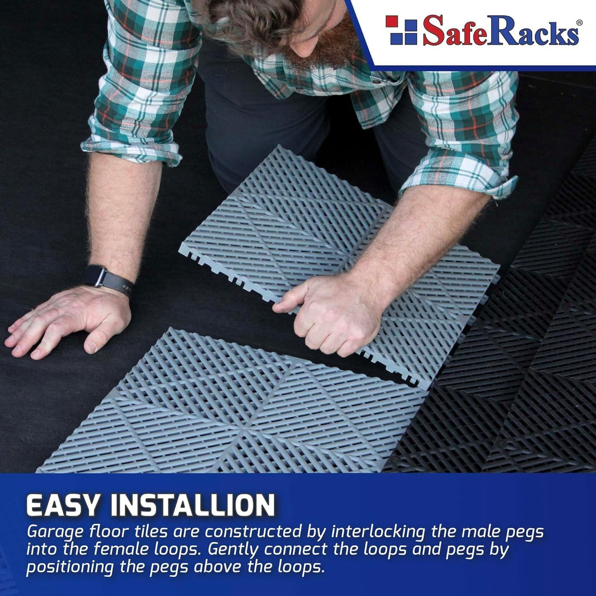SafeRacks Ribbed Interlocking Garage Floor Tiles - Vented, Self-Draining, Non-Slip Flooring, Modular, Virgin Polypropylene, Ideal for Garages, Patios, Basements, Decks - Black - 82.56 sq ft - 48 Pack SafeRacks