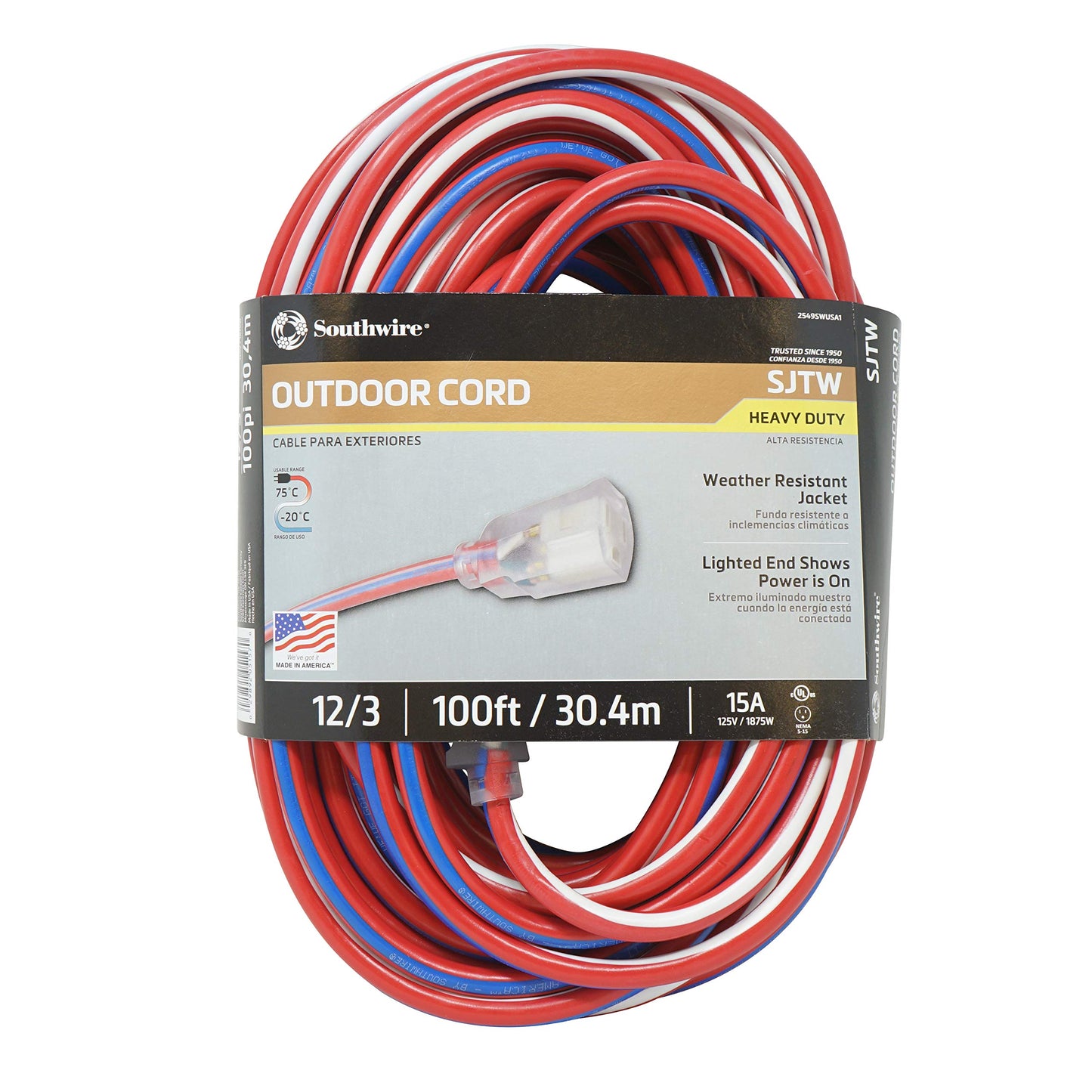 Southwire Heavy Duty Extension Cord, 100Ft, 12 Gauge, 3 Conductor, Water Resistant Flexible Jacket, SJTW, Red/White/Blue, 2549SWUSA1 - WoodArtSupply