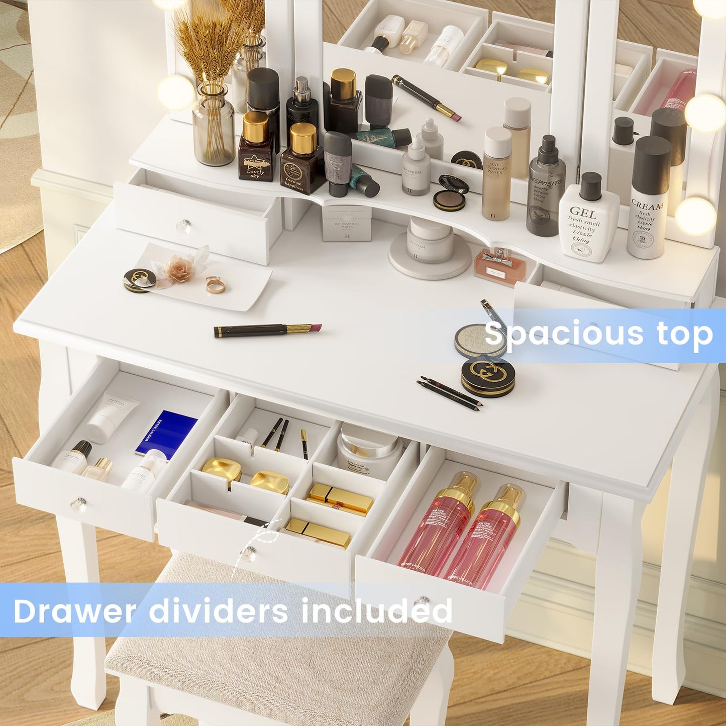 Tiptiper Makeup Vanity with Lights, Vanity Desk with Lighted Mirror and Stool, Vanity Table Set with 5 Drawers, 3 Light Settings, Adjustable Brightness, White - WoodArtSupply