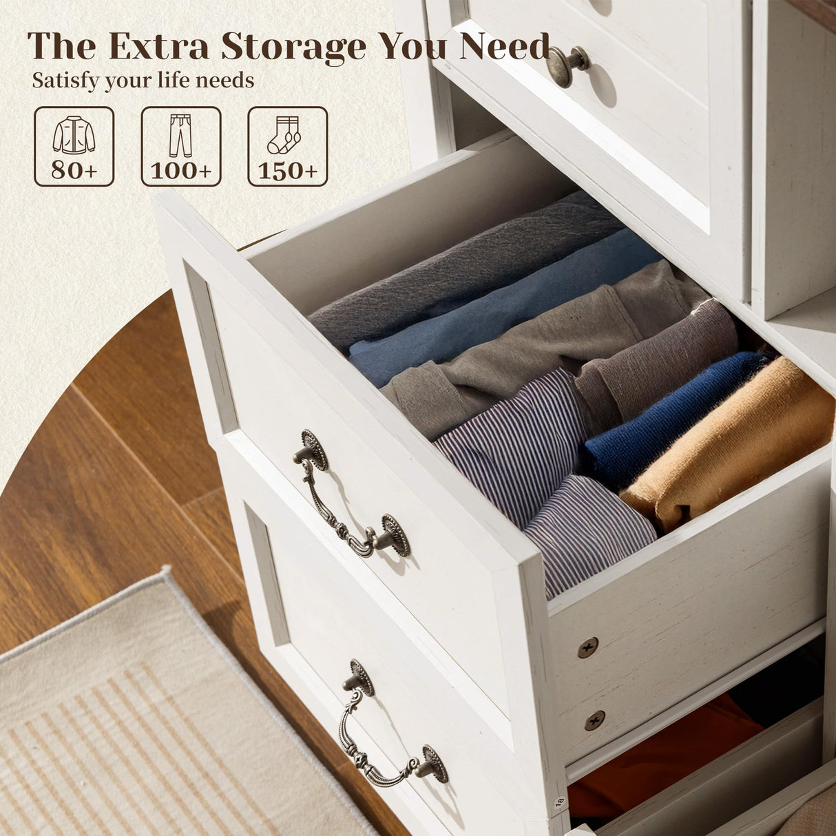 EnHomee 8 Drawers Dresser with Power Outlets and LED Lights,55" W Rustic Wooden Dressers & Chests of Drawers for Bedroom, Hallway, Closet, White, 55" W x 34.5" H x 15.7" D EnHomee