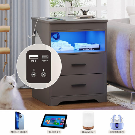 Nightstand with Gun Drawer Charging Bedside Table with USB & Type-C Port LED Night Stand with Human Sensor Design Modern End Table with Drawers for Bedroom Living Room Office, Grey FREDEES