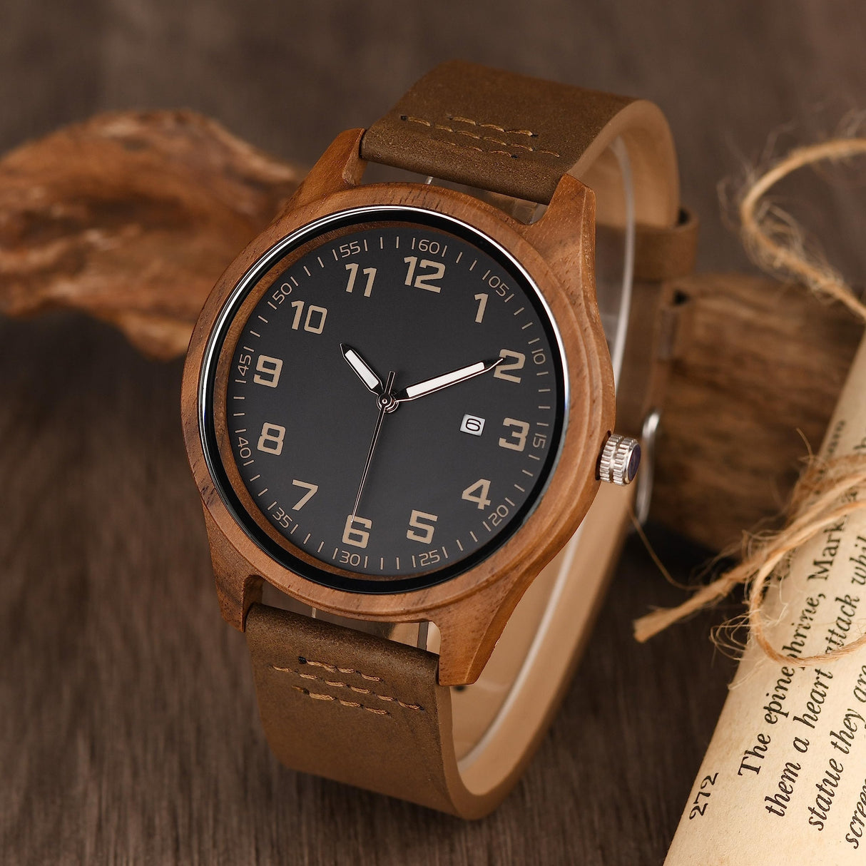 Engraved Wood Watch for Men Personalized Walnut Watch Leather Strap Anniversary Birthday Watch for Husband Dad Son LMWOOD