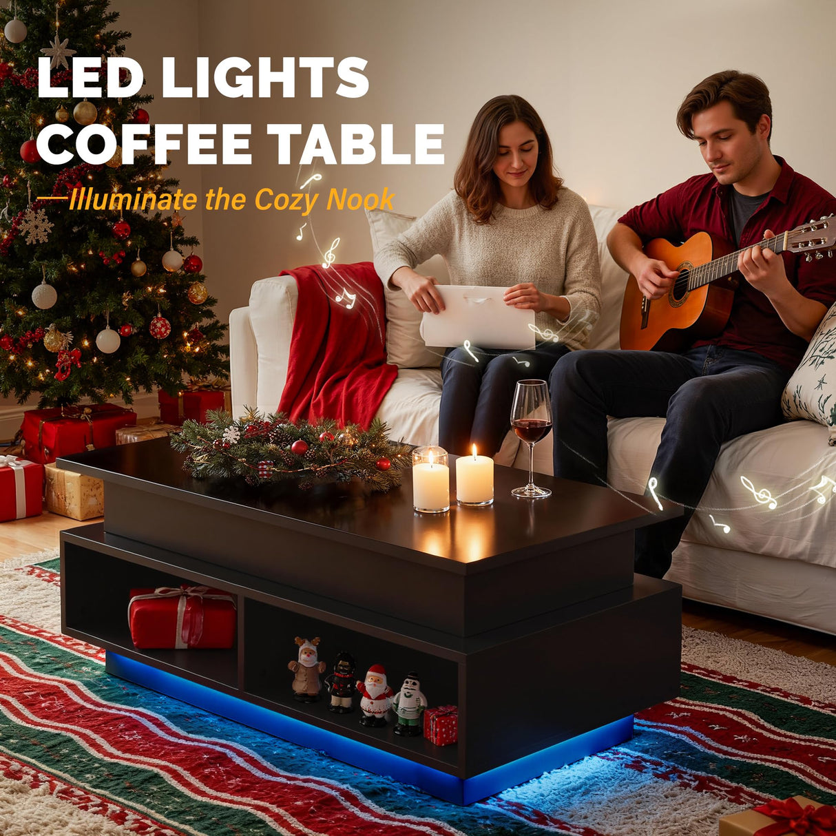 YESHOMY 40" Lift Top Coffee Table with Hidden Storage & Multi-Color LED Lights, Modern Square Wood Table with 4 Open Shelves for Living Room and Small Space, Black YESHOMY