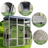 70" Large Catio Outdoor Cat Enclosure, Wood Cat House with Waterproof Roof, Walk in Cats Shelter with 7 Jumping Platform & 2 Napping Resting Box, Gray Curtainboro