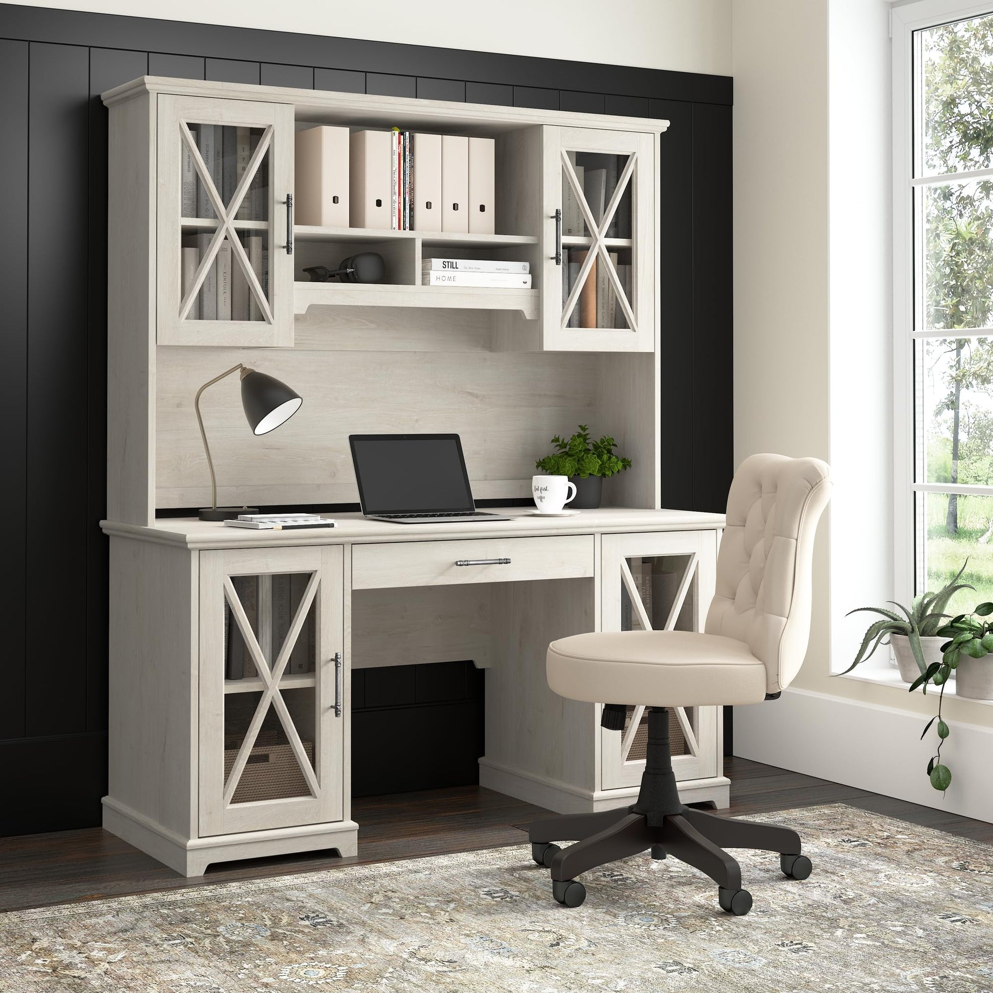 Bush Furniture Lennox Farmhouse Desk with Hutch and Keyboard Tray | Computer Table for Home Office, 60W, Linen White Oak - WoodArtSupply