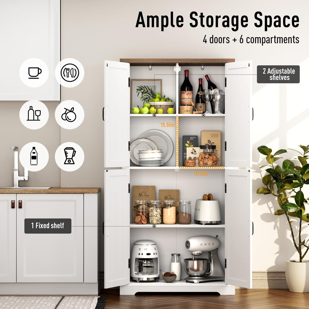 HOSTACK 64" Modern Farmhouse Pantry Cabinet with Adjustable Shelves and 4 Doors HOSTACK