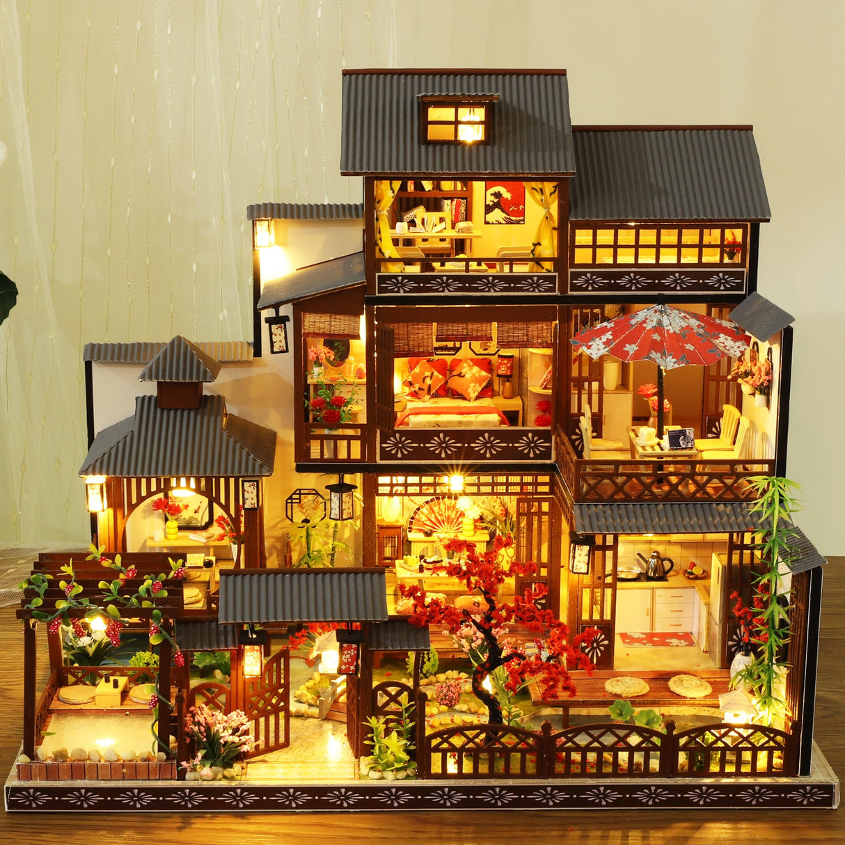 Miniature Dollhouse DIY Set with Decoration Furniture and LED Lights, 1:24 Scale DIY Wooden Dollhouse Kit with English Instructions, Birthday Gift or Party Favors (Japanese Courtyard Style) KOOMEKI