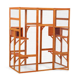 Catio Outdoor Cat Enclosure, Large Wood Cat Cage with Sunlight Top Panel, Perches, Sleeping Boxes, Wooden Cat Cage Condo Indoor Playpen, 62.6" L x 32.2" W x 70" H (Orange, Extra Large) GIYZOKNI