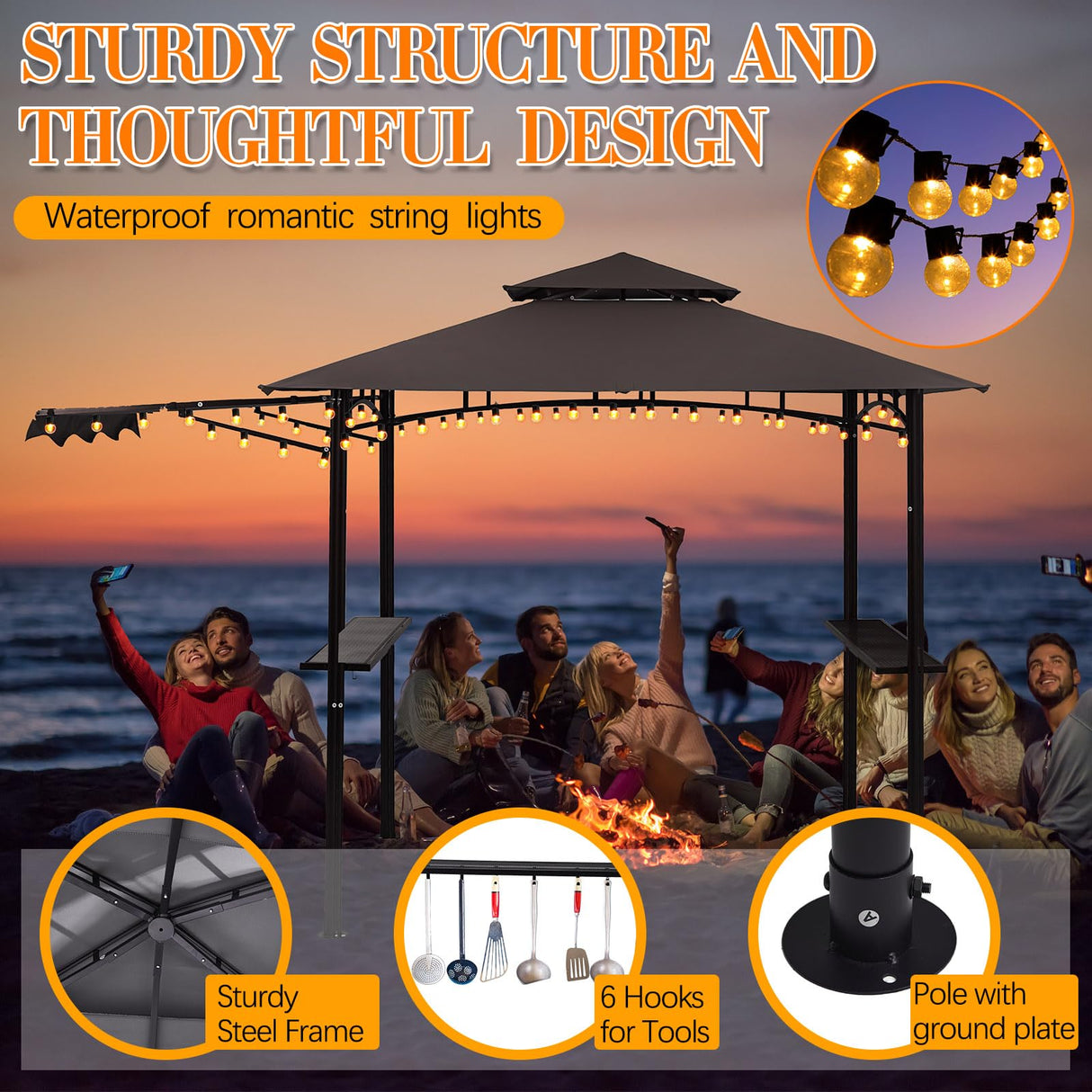 Burbell 5 x 11'grill Gazebo with Extra Shadow with 33ft Outdoor String Lights, Outdoor BBQ Grill Canopy with Extra Side Awnings and LED Lights with 40 Bulbs Waterproof for Patio Party Backyard (Brown) Burbell