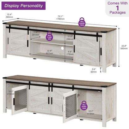 WAMPAT Farmhouse TV Stand for ups to 75 inch TV, Wooden Entertainment Center with Mesh Barn Doors, Media Console with Storage Shelf for Living Room Bedroom, Rustic Oak and White