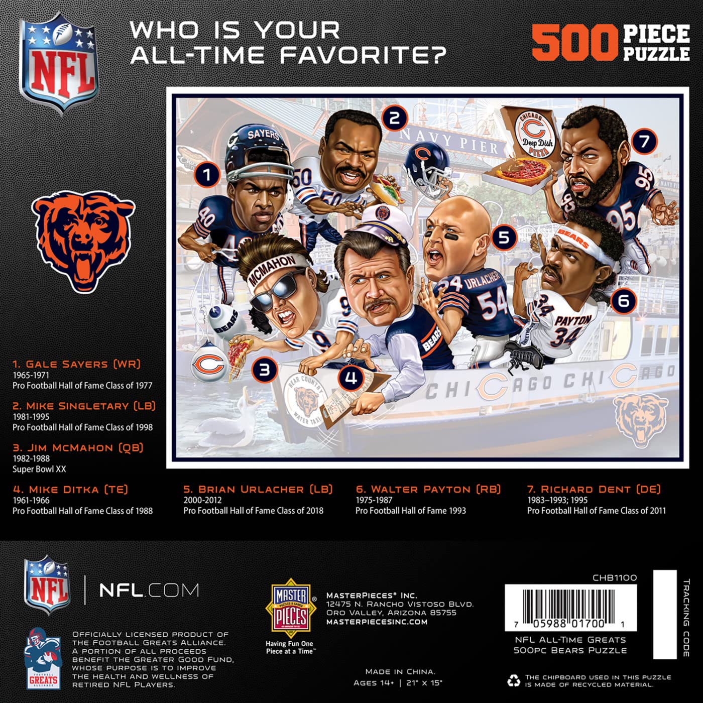 MasterPieces 500 Piece Sports Jigsaw Puzzle for Adults - NFL Chicago Bears All-Time Greats - 15x21