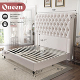 AMERLIFE Queen Size Bed Frame with 60" Tall Wingback Headboard, Velvet Upholstered Platform, Button Tufted Sleigh Design, No Box Spring Needed,Cream AMERLIFE