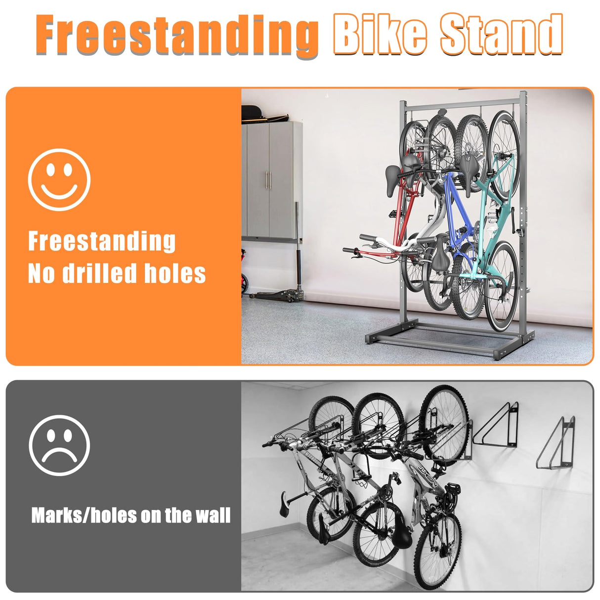 TORACK Garage Freestanding Hanging Bike Stand for Garage, Heavy Duty 4 Bikes Vertical Bike Storage Stand Floor Bike Storage Rack TORACK