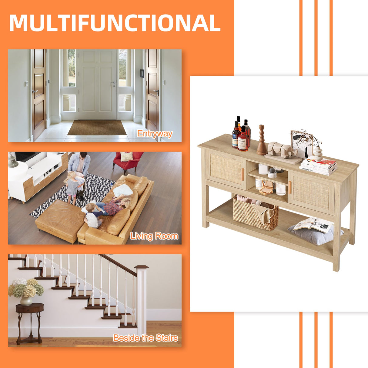 LAZZO 47" Rattan Console Table - Multi-Functional Narrow Entryway & Sofa Table with Storage Cabinets and Drawers LAZZO