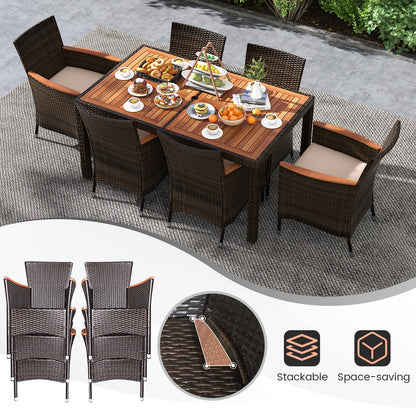 Tangkula 7 Pieces Outdoor Wicker Dining Set, Patio Dining Furniture Set with Acacia Wood Table and 6 Stackable Chairs, Outdoor Table and Chairs Set with 1.96” Umbrella Hole and Cushions