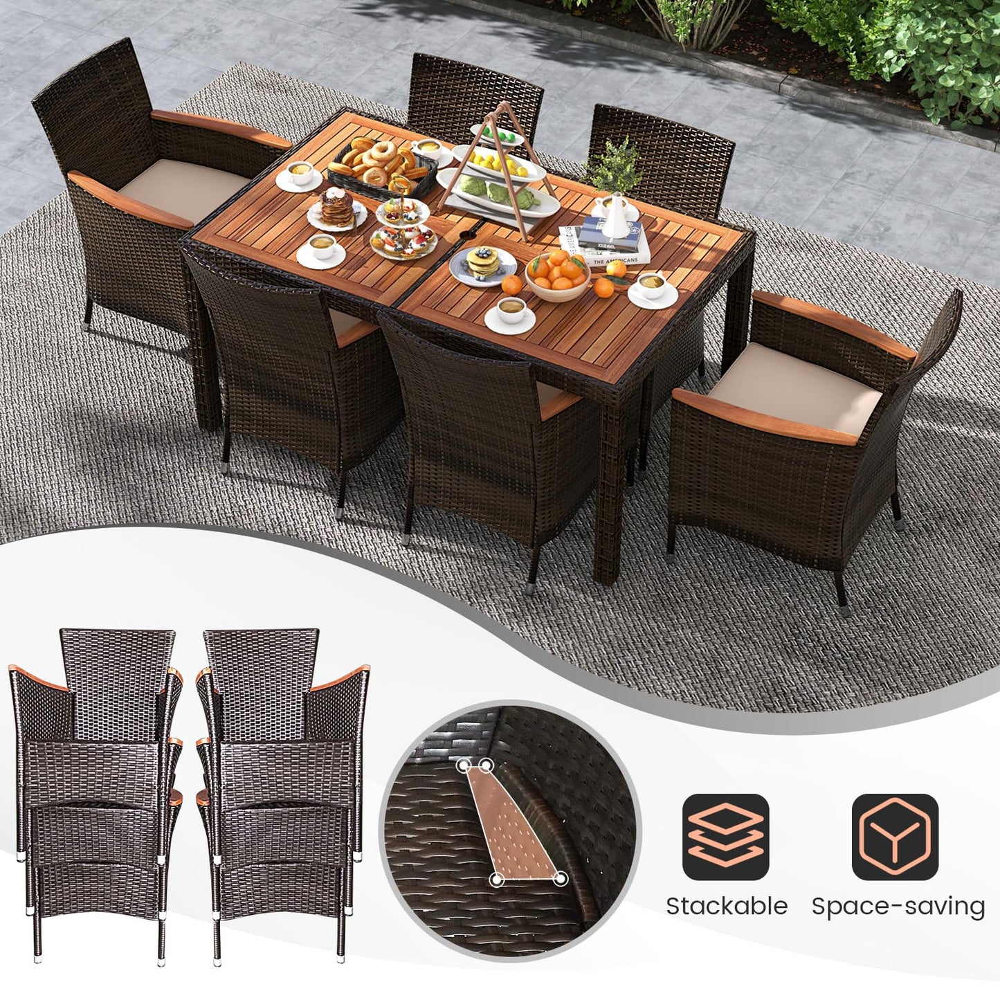 Toolsempire 7 Pieces Outdoor Wicker Dining Set with Umbrella Hole, Patio Dining Furniture Set with Acacia Wood Table and Chairs, Outdoor Dining Table Set for Garden, Backyard, Desk & Poolside (Brown)