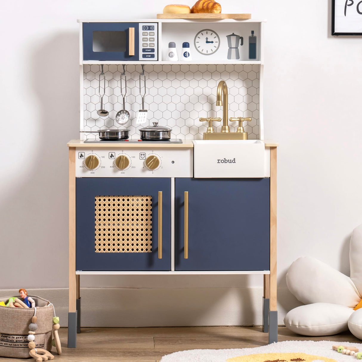 ROBUD Play Kitchen, Wooden Kids Kitchen Playset with Sounds & Lights, Pretend Play Kitchen Set for Toddlers, Gift for Boys & Girls, Vintage Style, 3+ (Gem Blue) ROBUD