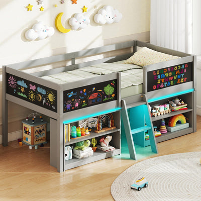 KOTEK Low Loft Bed with LED Lights & Chalkboards, Twin Loft Bed with Storage Bookcase and Under-Bed Space, Loft Bed Frame for Kids (Grey)