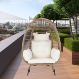 Egg Chair Outdoor Rattan Patio Egg Chair Hand-Woven Oversized Wicker Egg Chair Outdoor Indoor Lounge Chair with Padded Cushions Steel Frame for Living Room Backyard Patio Porch, White FDW