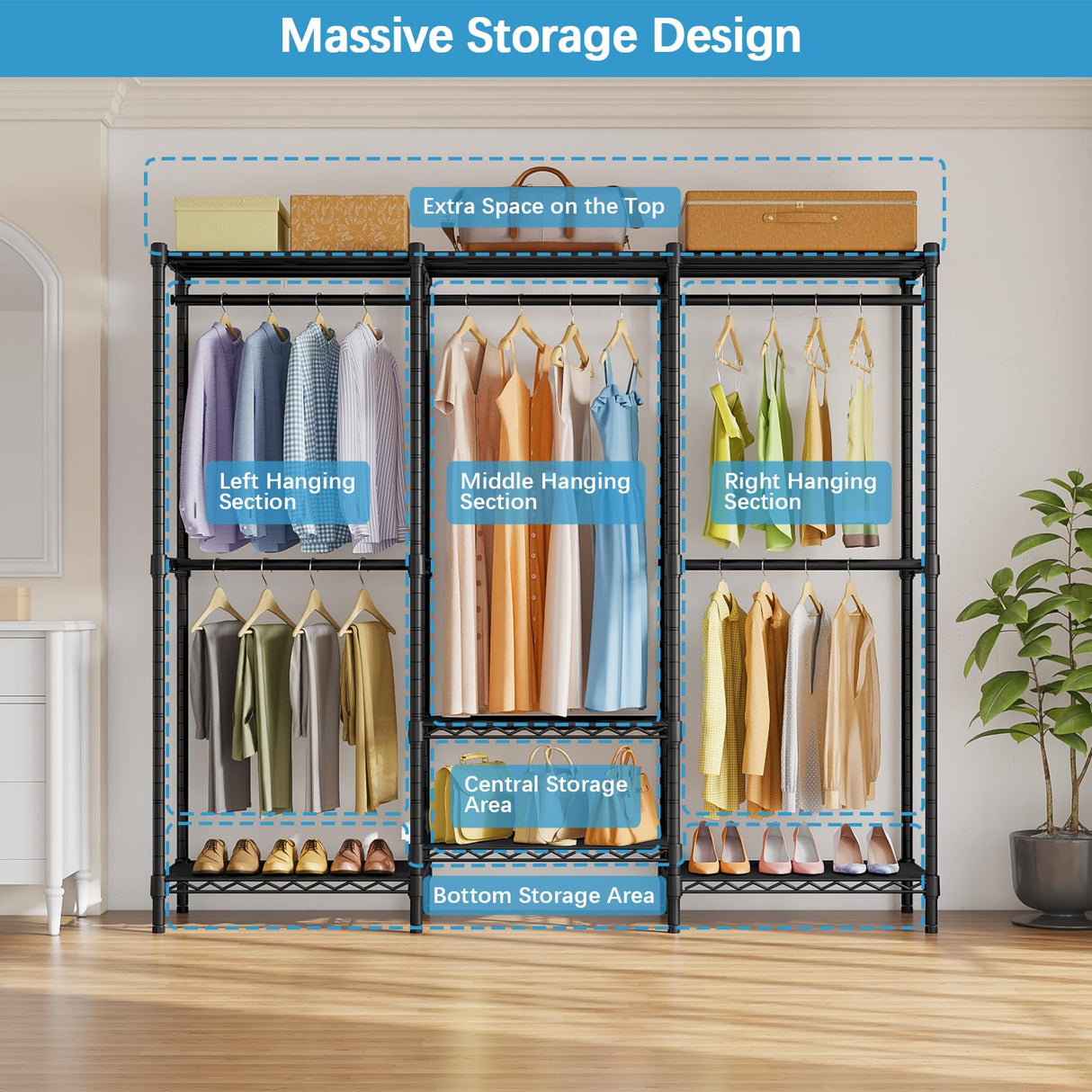 VIPEK V5C SE Garment Rack Wardrobe Closet, Heavy Duty Clothes Rack with Adjustable Shelves and Black Cover, Black Metal Closet Rack Clothing Storage Organizer for Bedroom, 70.1" Lx17.3 Wx76.4 H VIPEK