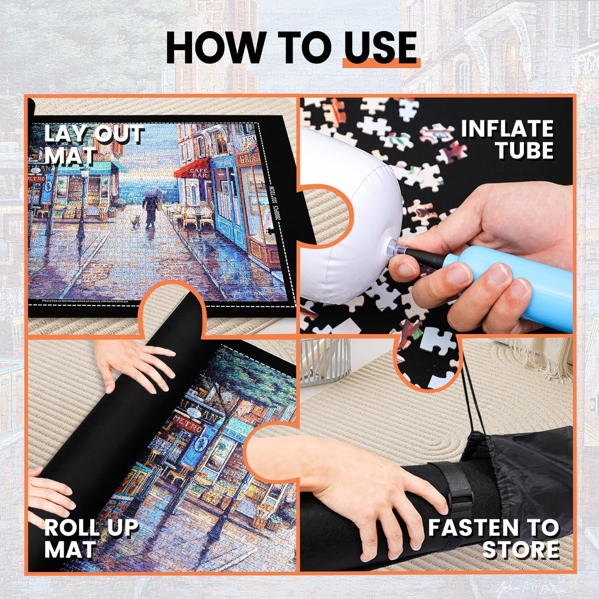 Jigsaw Puzzle Mat Roll Up - 2000 1500 1000 500 Pcs Puzzles Mats, Black Smooth Top & Non-Slip Felt Bottom Roll-Up Puzzle Matte for Sorting Table, Board, Frame, Storage+ 6 Save Trays. for Adults Lwoeo