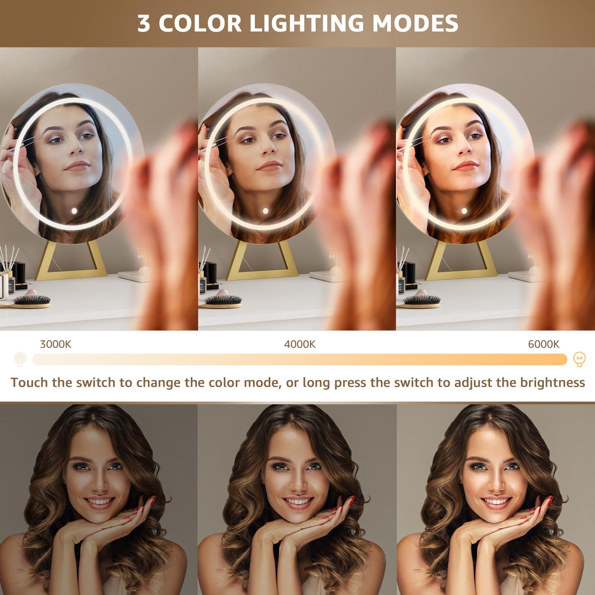 KAI-ROAD Makeup Vanity Desk with Mirror and Lights - Small White Gold Vanity Table with Fabric Drawers & Chair, Power Outlet, Modern Make Up Vanitys Desks Set, Dressing Table for Girls Bedroom KAI-ROAD