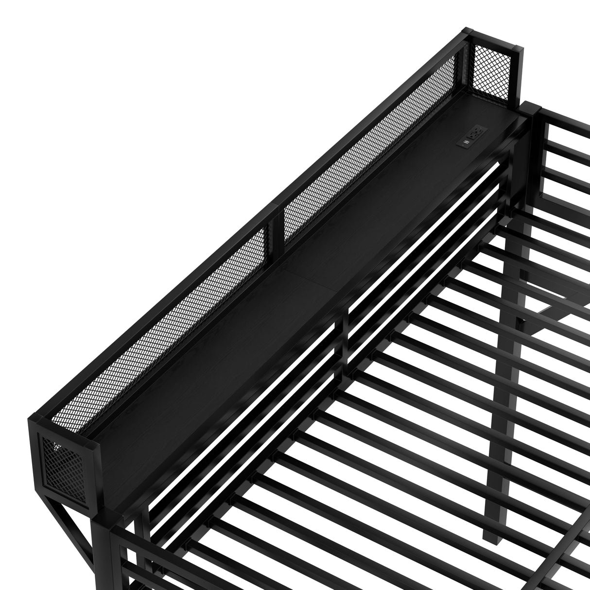 Metal Queen Size Loft Bed with Stairs and Wardrobe,Heavy Duty Loft Bed Frame with LED Lights and Charging Station for for Kids, Teens, Adults,Black Woodgrain Bellemave