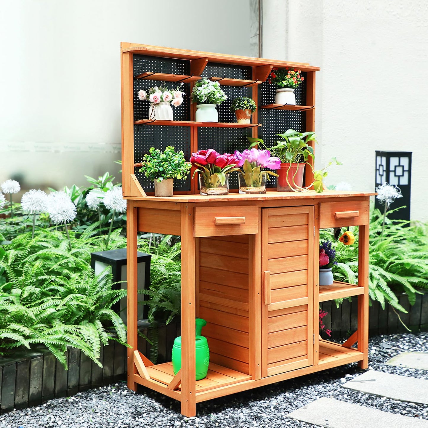 Agitree Outdoor Potting Bench with Double Doors,Drawer Garden Potting Table with Adjustable Shelf/Hooks,Wooden Potting Benches with Cabinet for Backyard,Patio.（45x49x14 inches