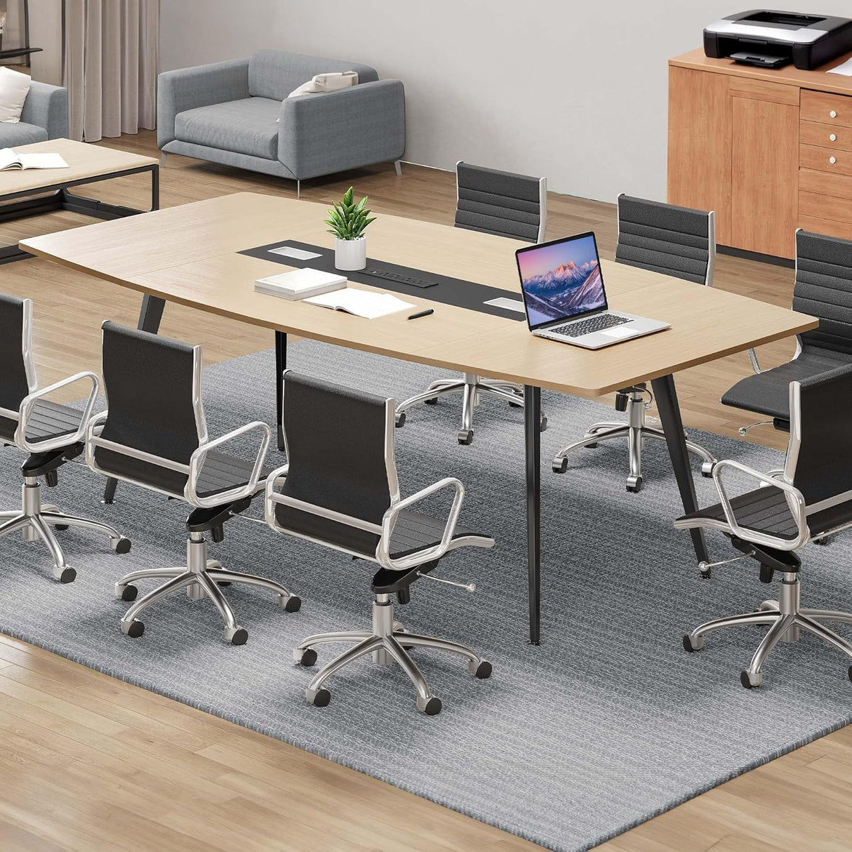 DWVO 6FT Conference Table, 70.8" Boat Shaped Meeting Table with Power Outlets & Rectangle Grommet, Modern Seminar Table for Office Conference Room, Boardroom Desk DWVO