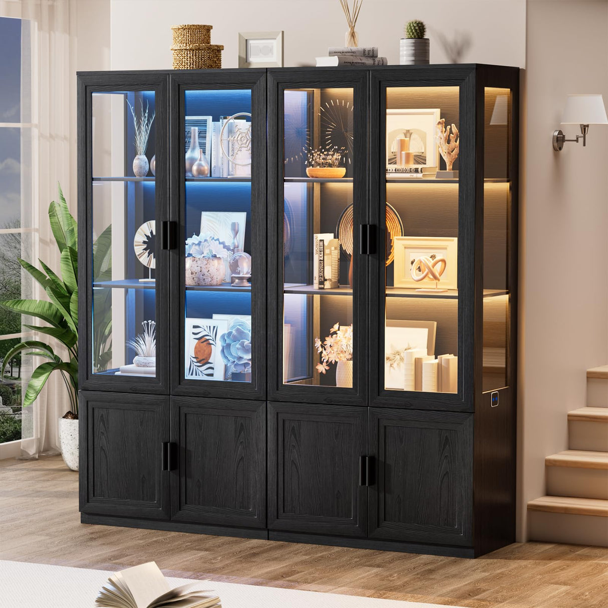 BROTTAR 67" Tall Curio Display Cabinet with Glass Doors, Large Storage Cabinet with LED Lights & Motion Sensor for Collectibles, Book, 4-Tier China Cabinet Bookcase for Living Room (Black) BROTTAR